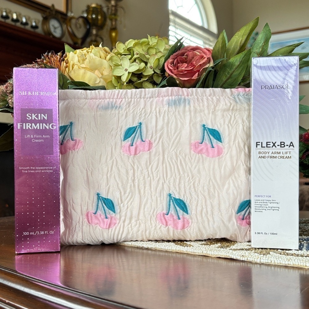 Brand New A Gogo Original Cherries Cosmetic Bag w/ Skin Firming Lift Body Creams